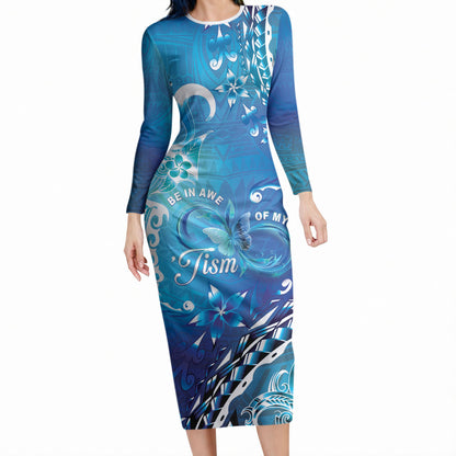 Polynesia Autism Support Long Sleeve Bodycon Dress Be In Awe Of My 'Tism