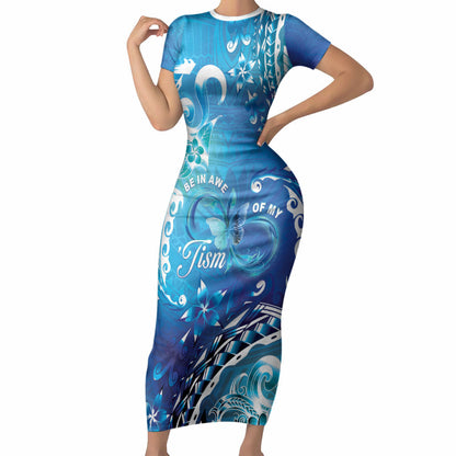 Polynesia Autism Support Short Sleeve Bodycon Dress Be In Awe Of My 'Tism
