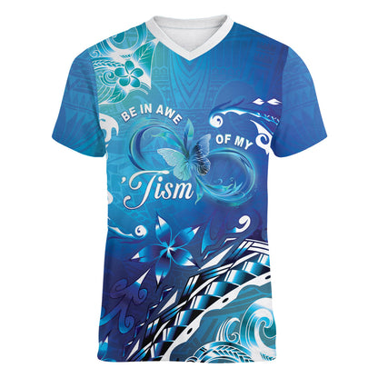 Polynesia Autism Support Women V-Neck T-Shirt Be In Awe Of My 'Tism