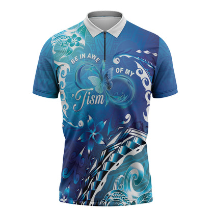 Polynesia Autism Support Zipper Polo Shirt Be In Awe Of My 'Tism