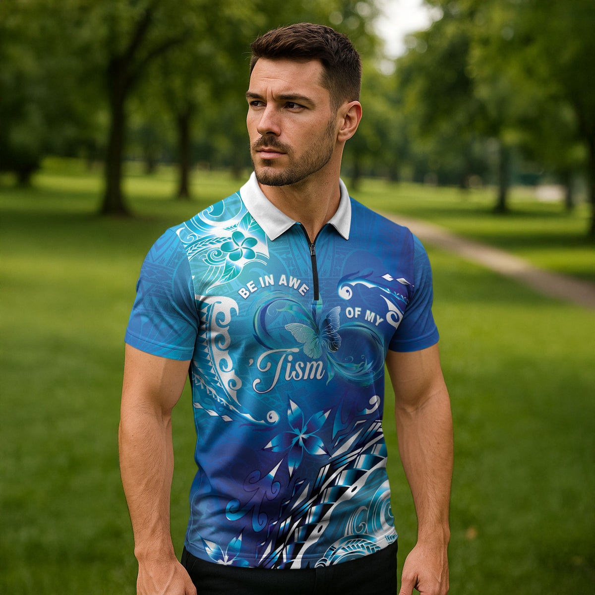 Polynesia Autism Support Zipper Polo Shirt Be In Awe Of My 'Tism