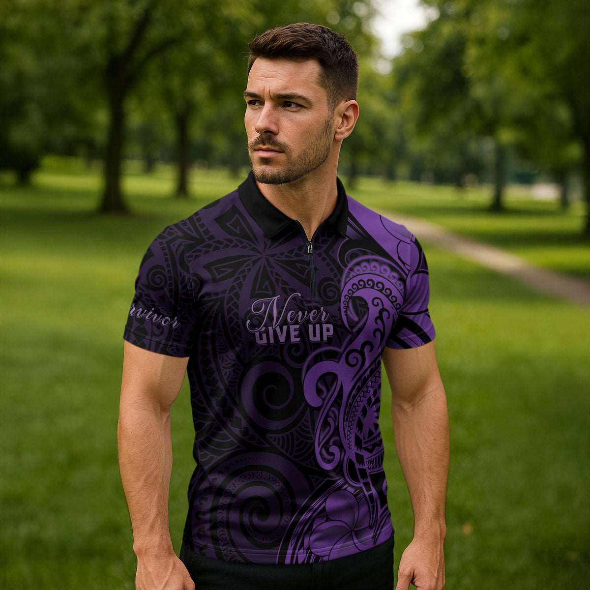 Personalised Lupus Warrior Zipper Polo Shirt Never Give Up Polynesian Style