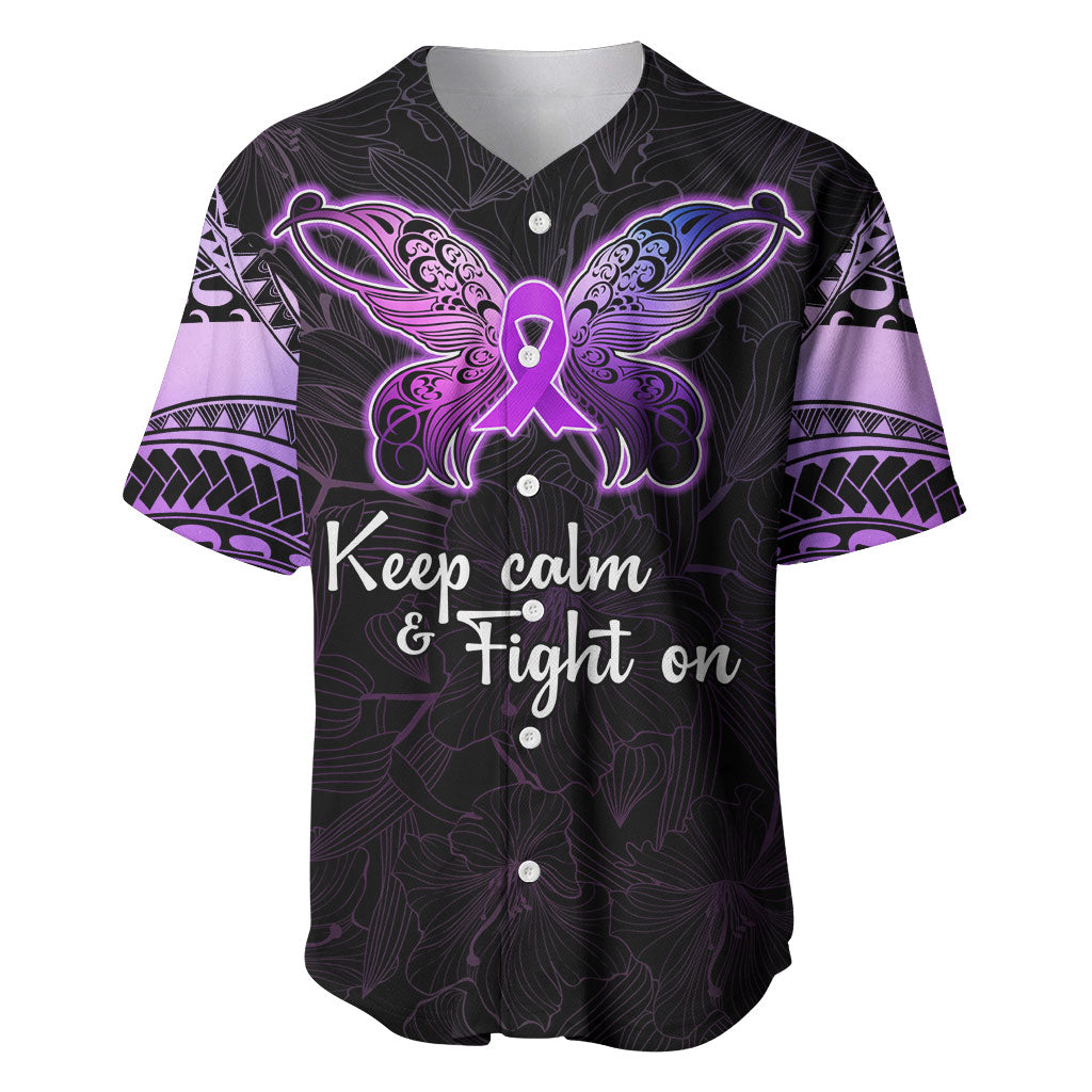 Pancreatic Cancer Support Baseball Jersey Keep Calm And Fight On Polynesian Pattern