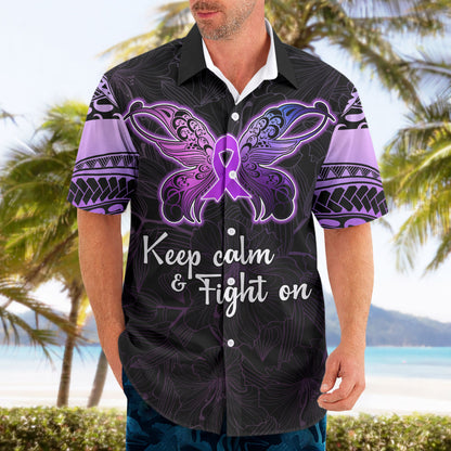 Pancreatic Cancer Support Hawaiian Shirt Keep Calm And Fight On Polynesian Pattern