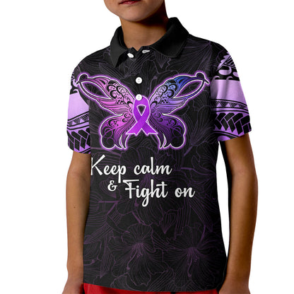 Pancreatic Cancer Support Kid Polo Shirt Keep Calm And Fight On Polynesian Pattern
