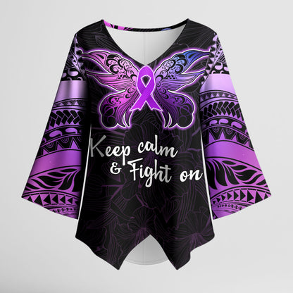 Pancreatic Cancer Support Kimono Sleeve Blouse Keep Calm And Fight On Polynesian Pattern