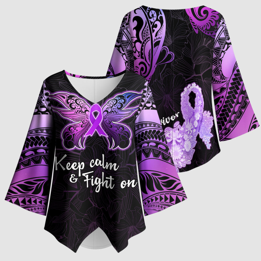 Pancreatic Cancer Support Kimono Sleeve Blouse Keep Calm And Fight On Polynesian Pattern