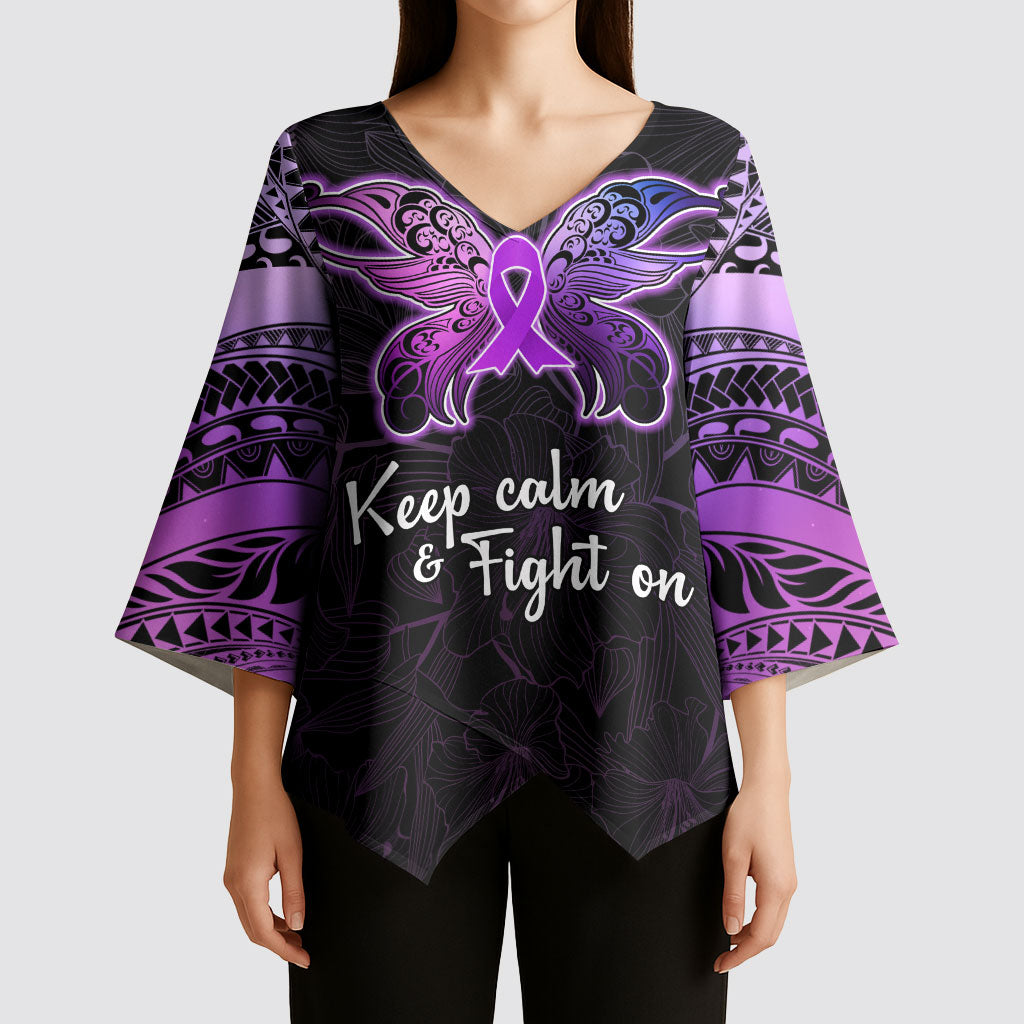Pancreatic Cancer Support Kimono Sleeve Blouse Keep Calm And Fight On Polynesian Pattern