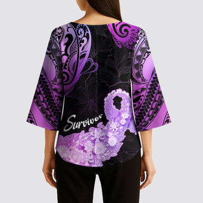 Pancreatic Cancer Support Kimono Sleeve Blouse Keep Calm And Fight On Polynesian Pattern