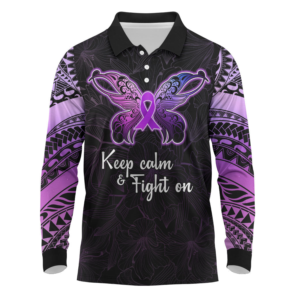 Pancreatic Cancer Support Long Sleeve Polo Shirt Keep Calm And Fight On Polynesian Pattern
