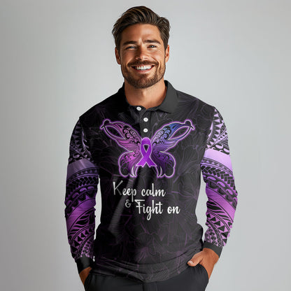 Pancreatic Cancer Support Long Sleeve Polo Shirt Keep Calm And Fight On Polynesian Pattern