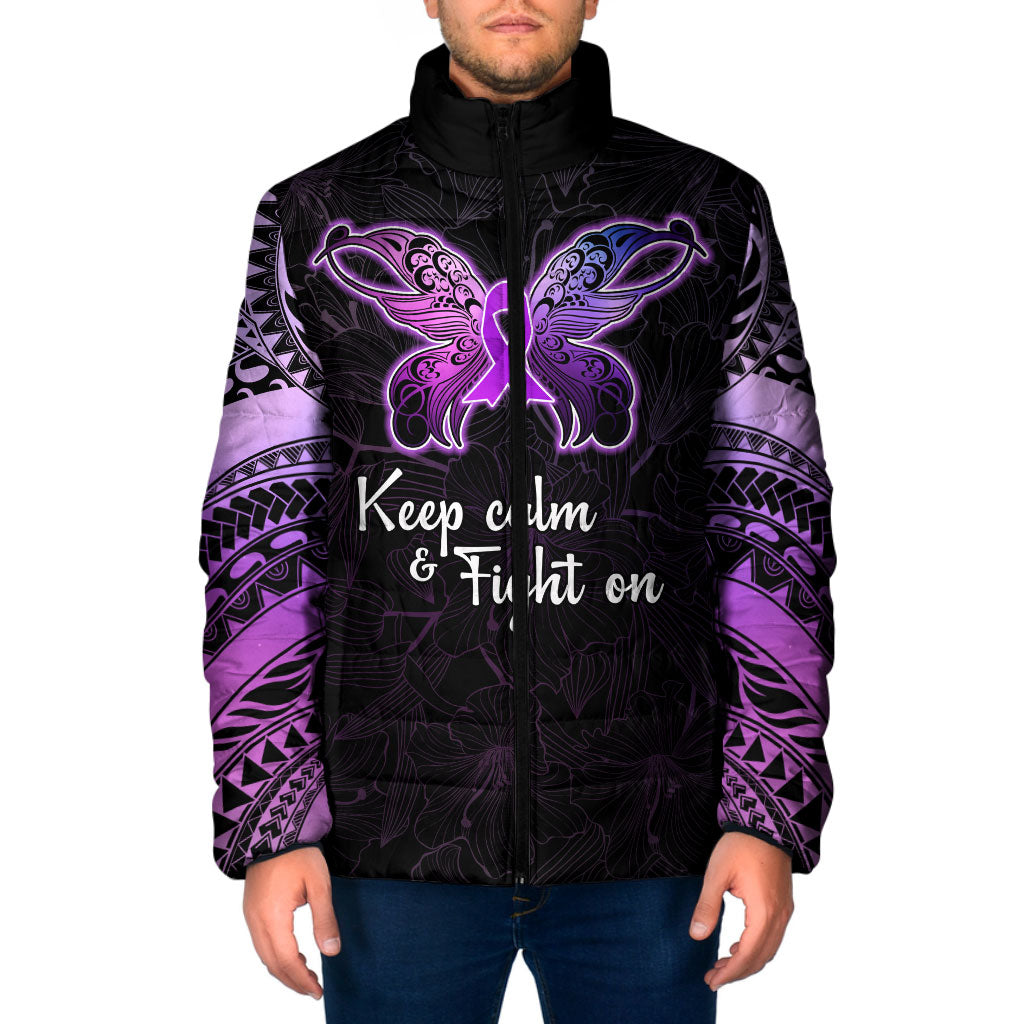 Pancreatic Cancer Support Padded Jacket Keep Calm And Fight On Polynesian Pattern