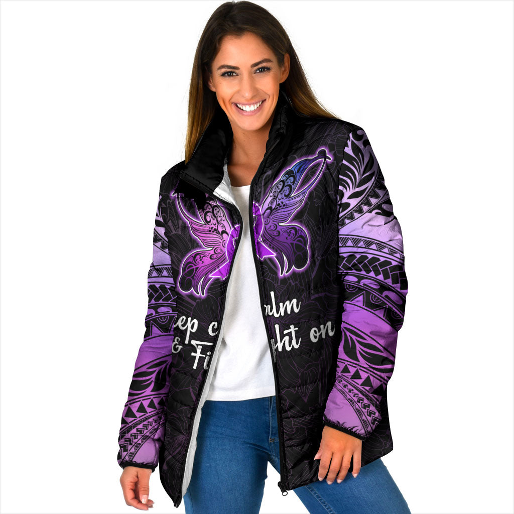 Pancreatic Cancer Support Padded Jacket Keep Calm And Fight On Polynesian Pattern