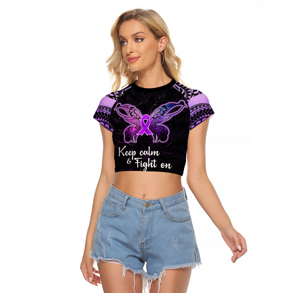 Pancreatic Cancer Support Raglan Cropped T Shirt Keep Calm And Fight On Polynesian Pattern