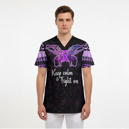 Pancreatic Cancer Support Scrub Top Keep Calm And Fight On Polynesian Pattern