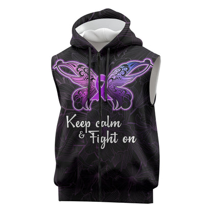 Pancreatic Cancer Support Sleeveless Zip Hoodie Keep Calm And Fight On Polynesian Pattern