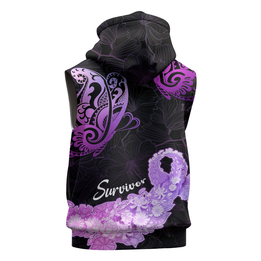 Pancreatic Cancer Support Sleeveless Zip Hoodie Keep Calm And Fight On Polynesian Pattern