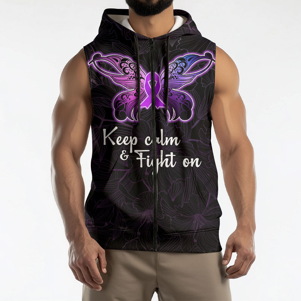 Pancreatic Cancer Support Sleeveless Zip Hoodie Keep Calm And Fight On Polynesian Pattern