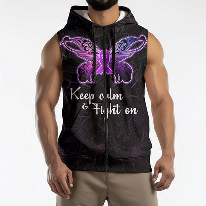 Pancreatic Cancer Support Sleeveless Zip Hoodie Keep Calm And Fight On Polynesian Pattern