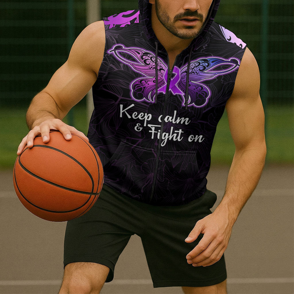 Pancreatic Cancer Support Sleeveless Zip Hoodie Keep Calm And Fight On Polynesian Pattern