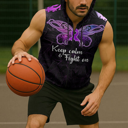 Pancreatic Cancer Support Sleeveless Zip Hoodie Keep Calm And Fight On Polynesian Pattern