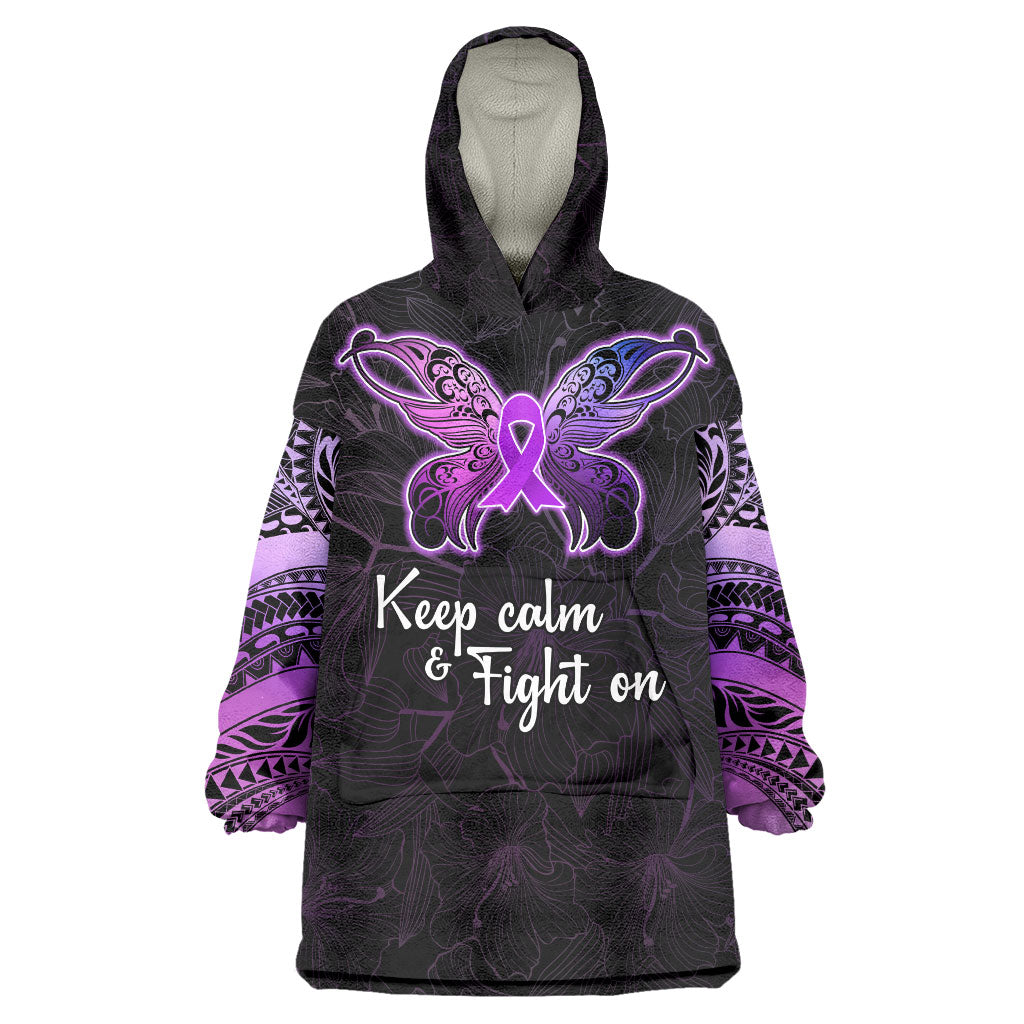 Pancreatic Cancer Support Wearable Blanket Hoodie Keep Calm And Fight On Polynesian Pattern