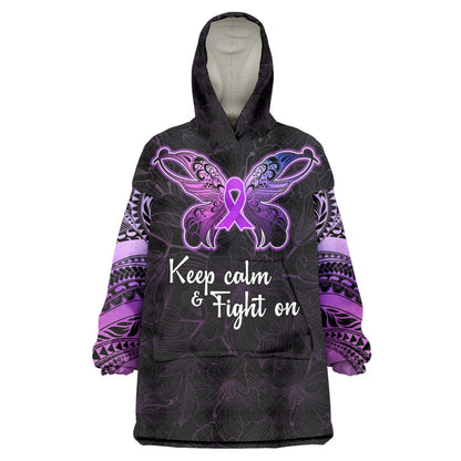 Pancreatic Cancer Support Wearable Blanket Hoodie Keep Calm And Fight On Polynesian Pattern