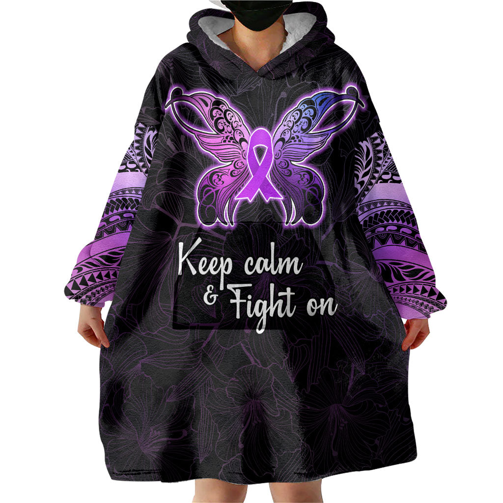 Pancreatic Cancer Support Wearable Blanket Hoodie Keep Calm And Fight On Polynesian Pattern