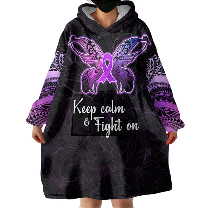 Pancreatic Cancer Support Wearable Blanket Hoodie Keep Calm And Fight On Polynesian Pattern