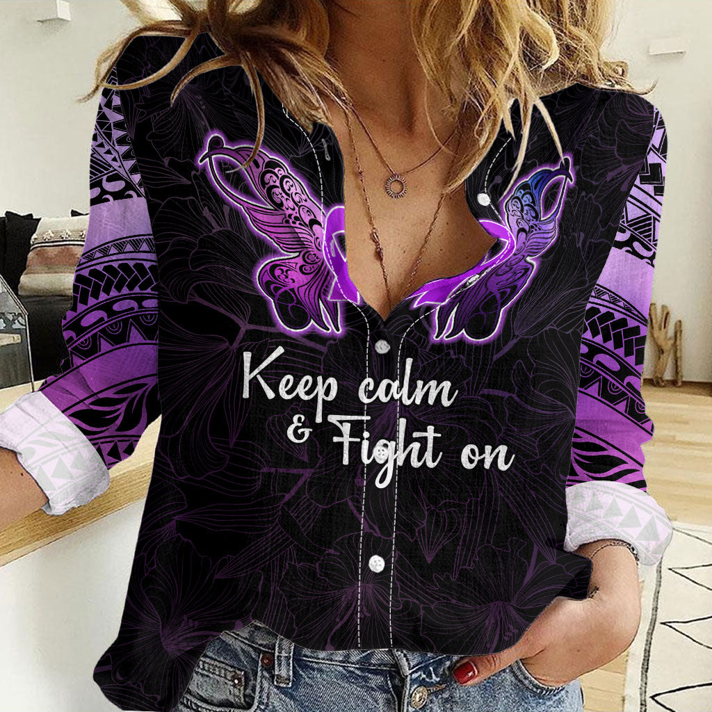 Pancreatic Cancer Support Women Casual Shirt Keep Calm And Fight On Polynesian Pattern