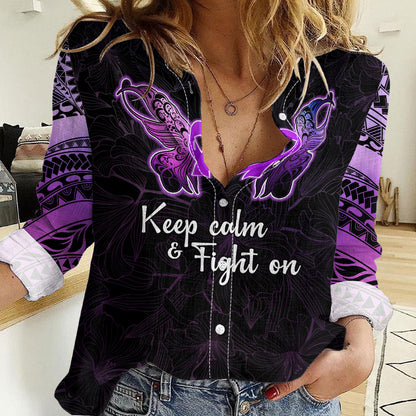 Pancreatic Cancer Support Women Casual Shirt Keep Calm And Fight On Polynesian Pattern