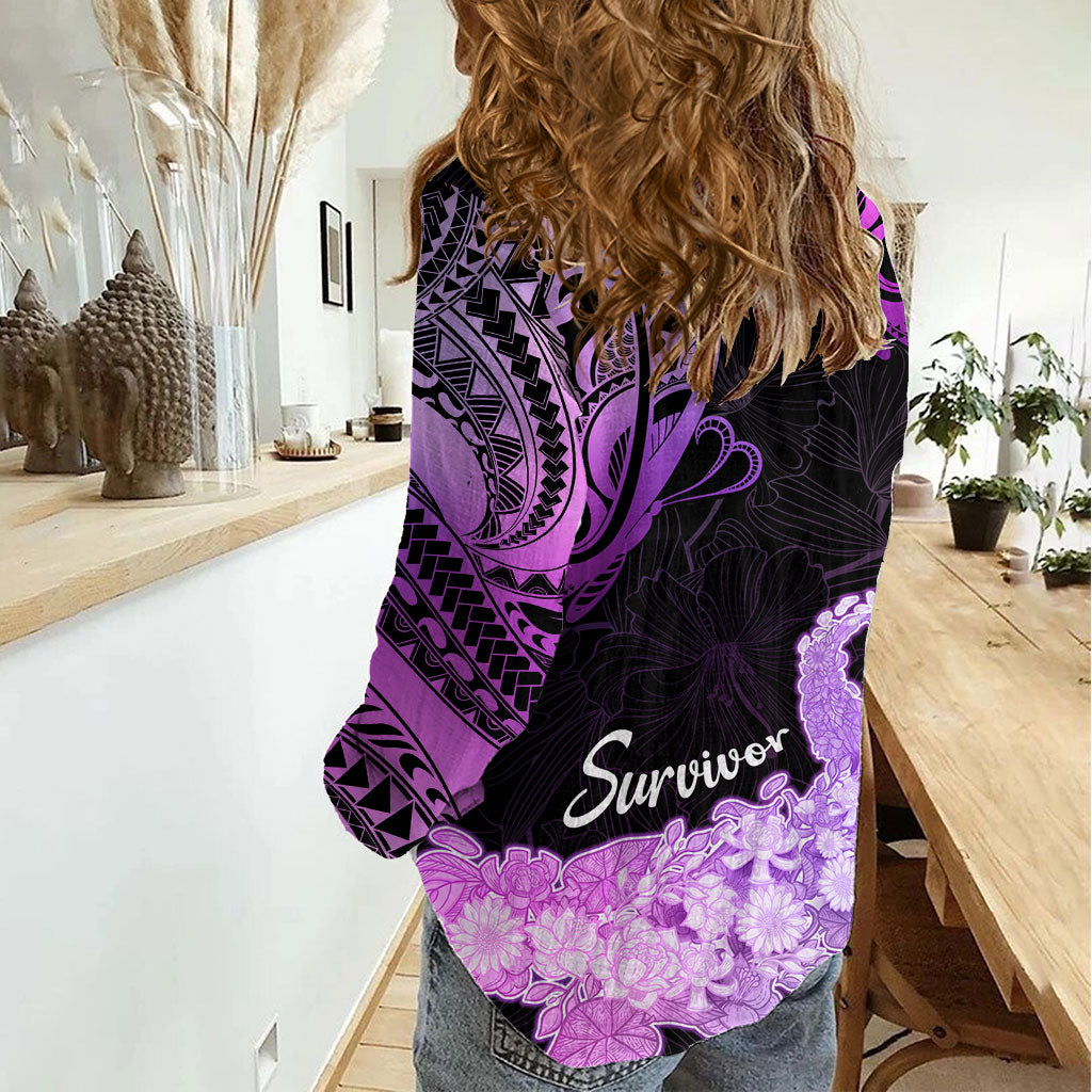 Pancreatic Cancer Support Women Casual Shirt Keep Calm And Fight On Polynesian Pattern