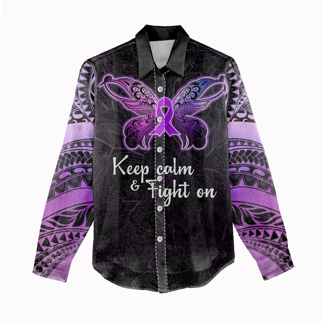 Pancreatic Cancer Support Women Casual Shirt Keep Calm And Fight On Polynesian Pattern