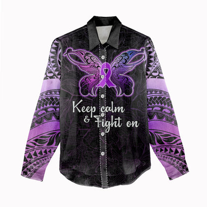 Pancreatic Cancer Support Women Casual Shirt Keep Calm And Fight On Polynesian Pattern