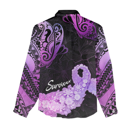 Pancreatic Cancer Support Women Casual Shirt Keep Calm And Fight On Polynesian Pattern