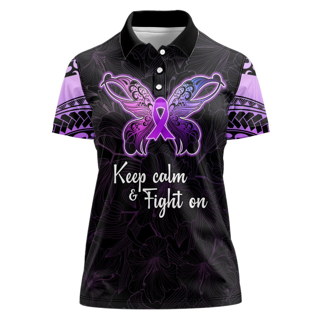 Pancreatic Cancer Support Women Polo Shirt Keep Calm And Fight On Polynesian Pattern