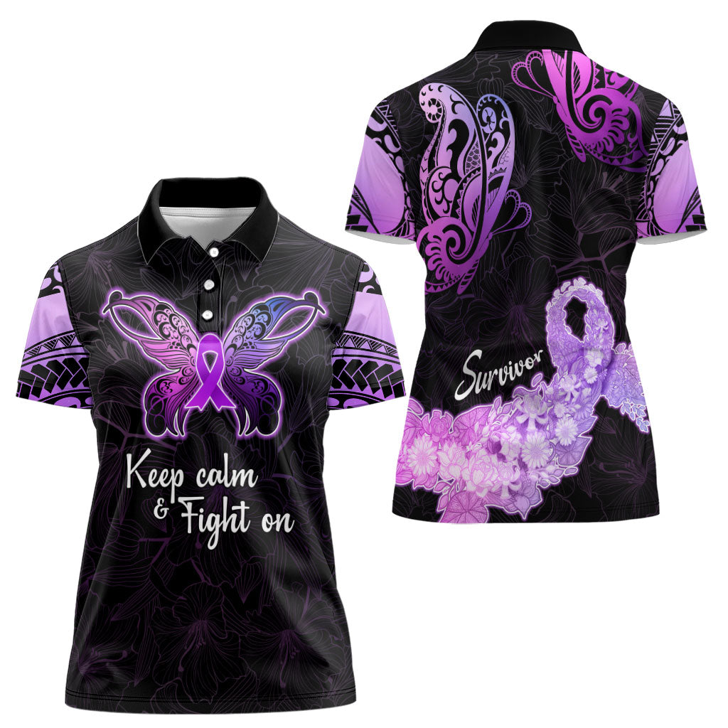 Pancreatic Cancer Support Women Polo Shirt Keep Calm And Fight On Polynesian Pattern