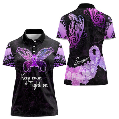 Pancreatic Cancer Support Women Polo Shirt Keep Calm And Fight On Polynesian Pattern