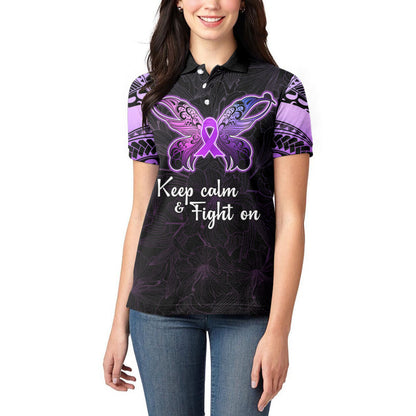 Pancreatic Cancer Support Women Polo Shirt Keep Calm And Fight On Polynesian Pattern