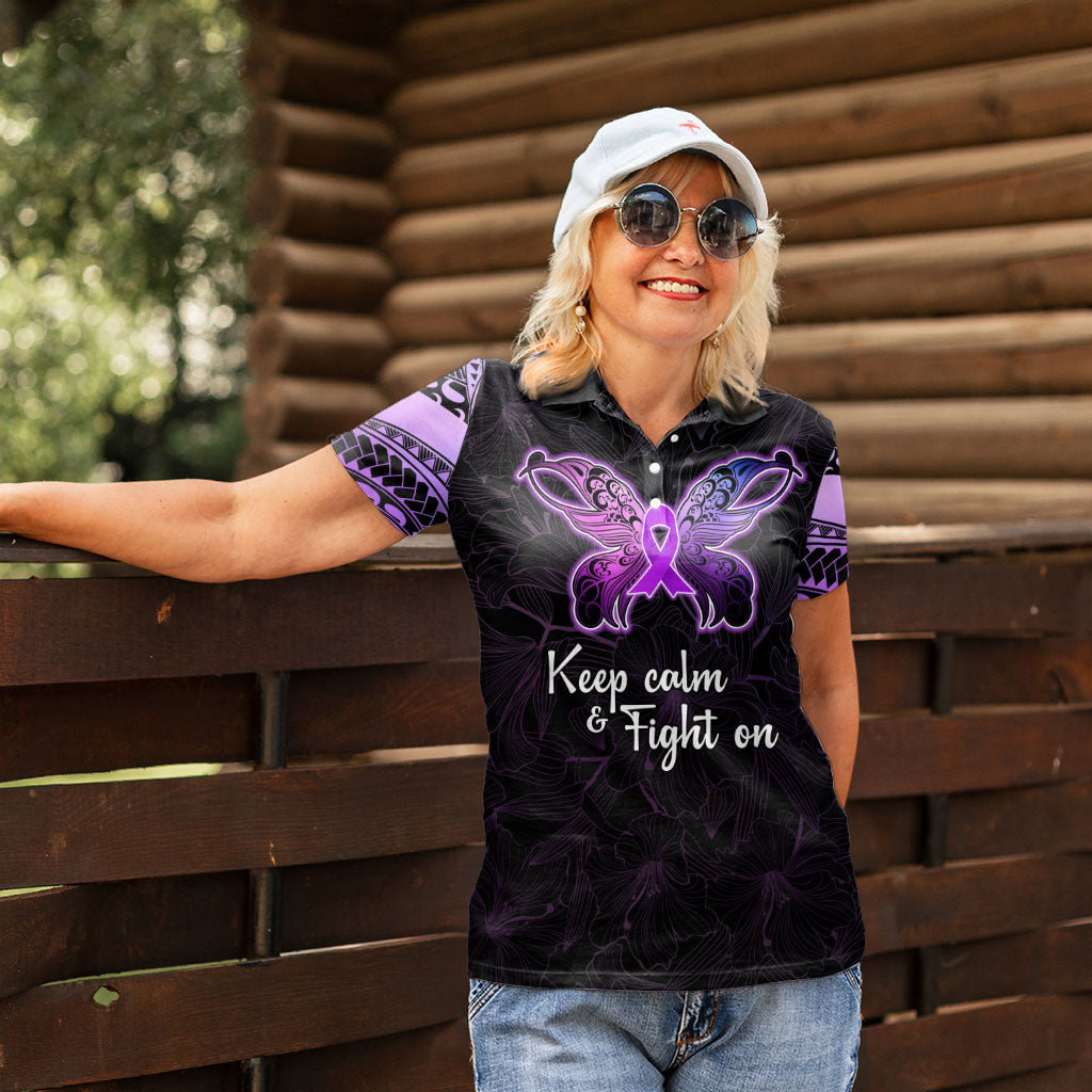 Pancreatic Cancer Support Women Polo Shirt Keep Calm And Fight On Polynesian Pattern