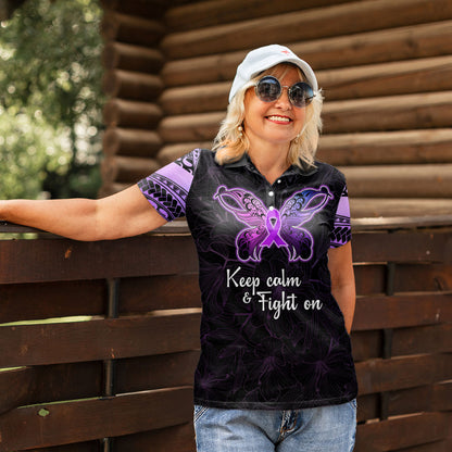 Pancreatic Cancer Support Women Polo Shirt Keep Calm And Fight On Polynesian Pattern