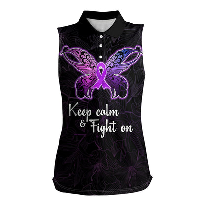 Pancreatic Cancer Support Women Sleeveless Polo Shirt Keep Calm And Fight On Polynesian Pattern
