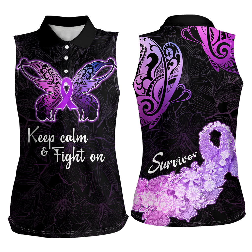 Pancreatic Cancer Support Women Sleeveless Polo Shirt Keep Calm And Fight On Polynesian Pattern