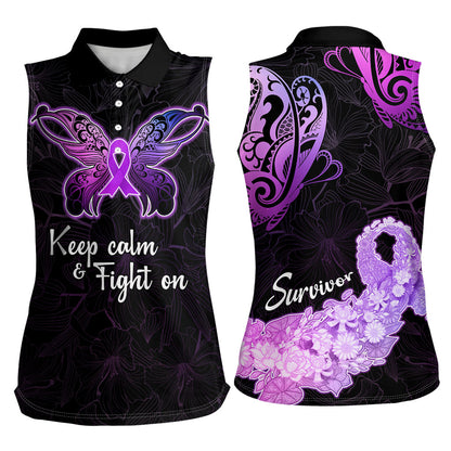 Pancreatic Cancer Support Women Sleeveless Polo Shirt Keep Calm And Fight On Polynesian Pattern