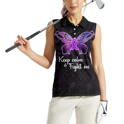 Pancreatic Cancer Support Women Sleeveless Polo Shirt Keep Calm And Fight On Polynesian Pattern