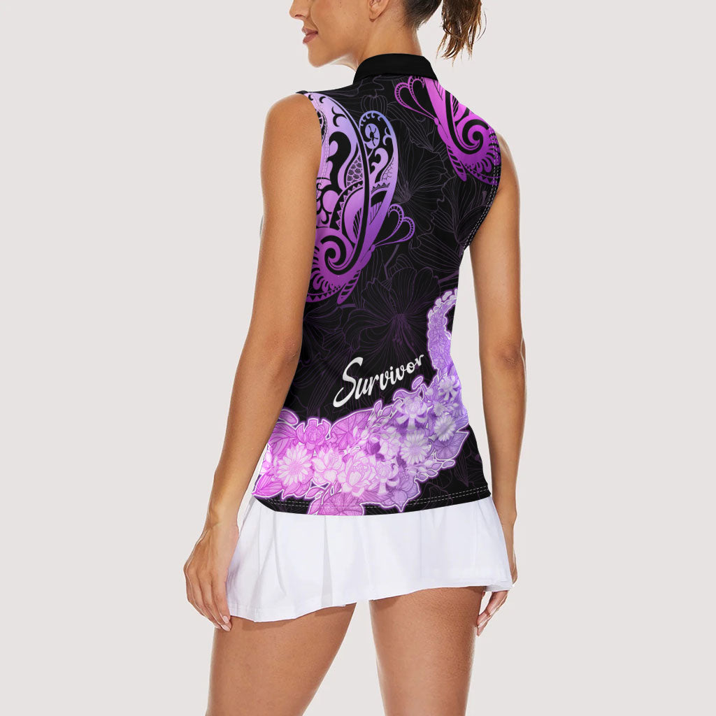 Pancreatic Cancer Support Women Sleeveless Polo Shirt Keep Calm And Fight On Polynesian Pattern