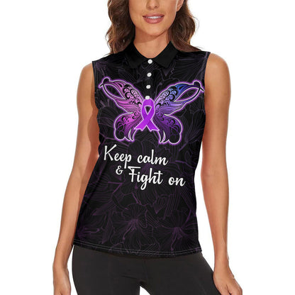 Pancreatic Cancer Support Women Sleeveless Polo Shirt Keep Calm And Fight On Polynesian Pattern