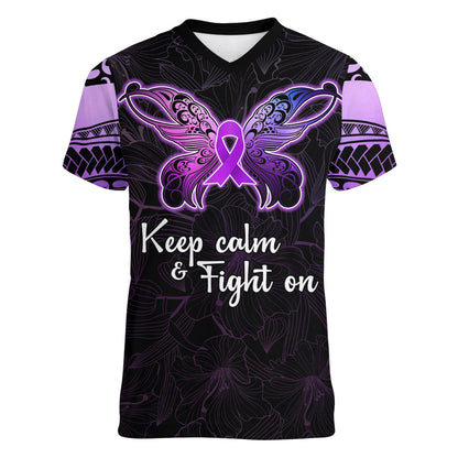 Pancreatic Cancer Support Women V-Neck T-Shirt Keep Calm And Fight On Polynesian Pattern
