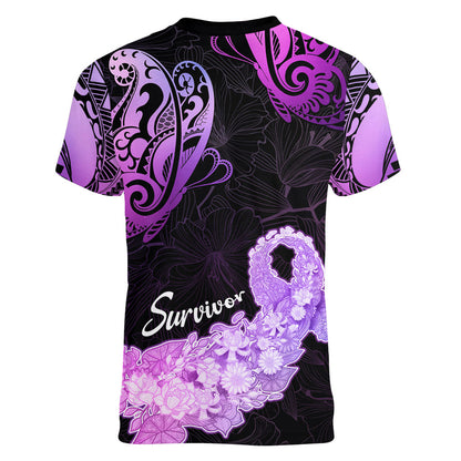 Pancreatic Cancer Support Women V-Neck T-Shirt Keep Calm And Fight On Polynesian Pattern