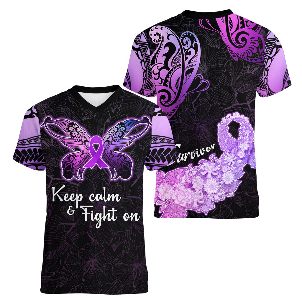 Pancreatic Cancer Support Women V-Neck T-Shirt Keep Calm And Fight On Polynesian Pattern